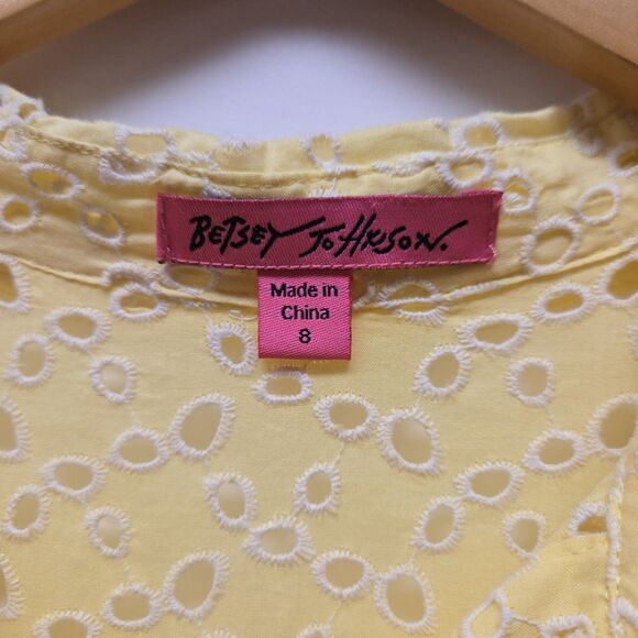 Vintage Betsey Johnson Dress Yellow Eyelet Embroidered Collared A-Line Size 8 - Picture 9 of 15